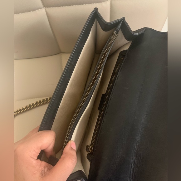 AUTH GUCCI BLACK MED GG MARMONT HEART ANTIQUE GOLD CHAIN CROSS BAG - Picture 5 of 6